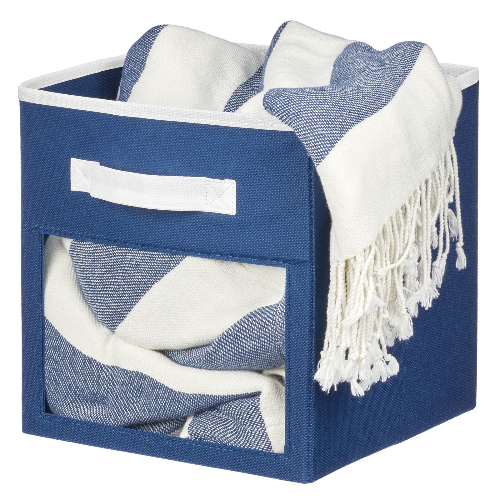 mDesign Fabric Nursery/Playroom Closet Storage Organizer Bin Box with Front Handle/Window for Cube Furniture Shelving Units  Hold Toys  Clothes  Diapers  Bibs  Jane Collection  4 Pack  Navy Blue/White